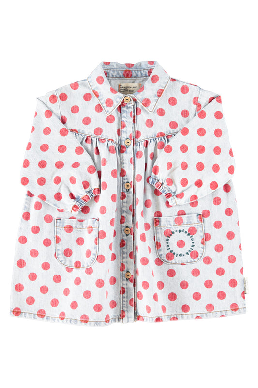 Krótka jeansowa sukienka | ight blue denim w/ red dots