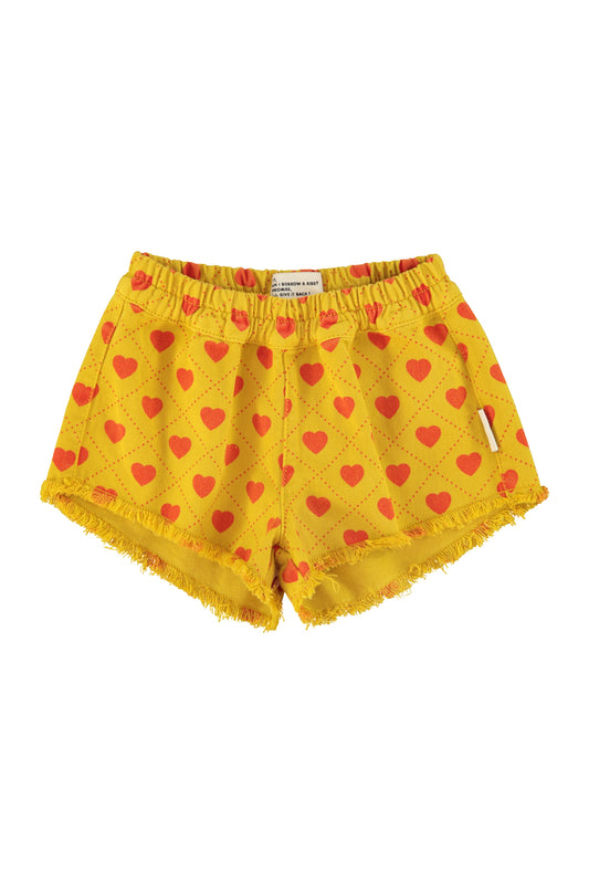 Szorty z frędzlami | mustard w/ red hearts allover