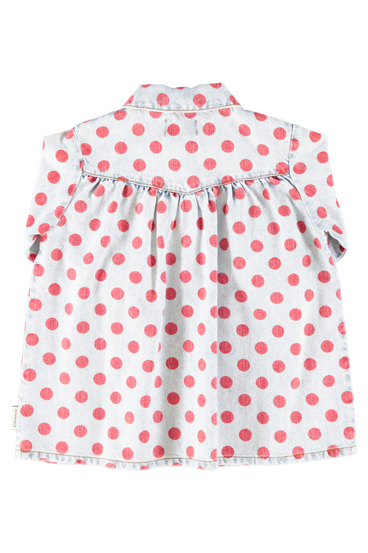 Krótka jeansowa sukienka | ight blue denim w/ red dots