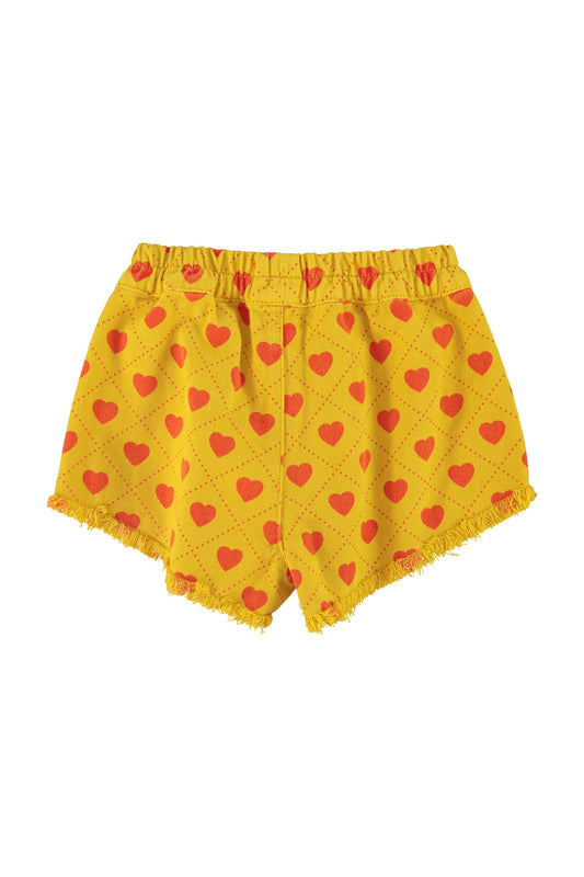 Szorty z frędzlami | mustard w/ red hearts allover