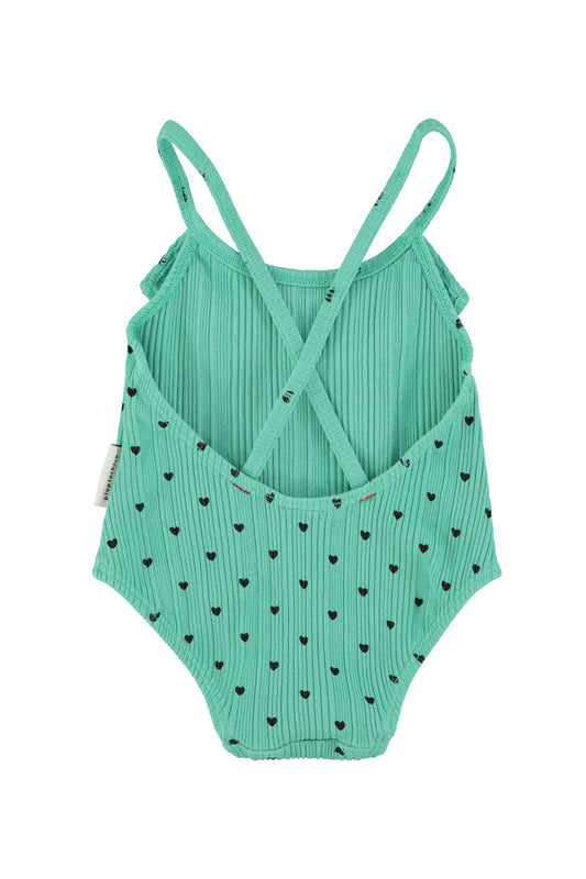 Strój kąpielowy z falbanką | green w/ black hearts allover